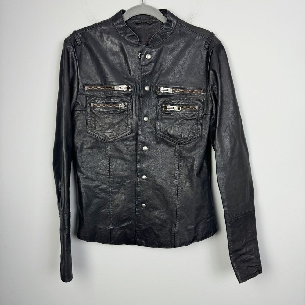 ALL SAINTS | Dark Brown Leather Jacket Zipper Pockets Snap Front Women’s Size S